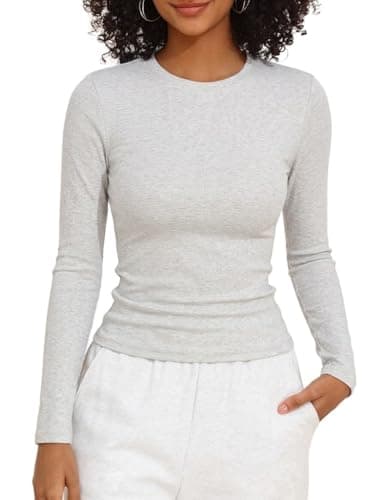PrettyGuide Womens Long Sleeve Shirts Slim Fit Ribbed Cotton Tops Crew Neck Tight Underscrub Casual Basic Tees Light Heather Grey XL