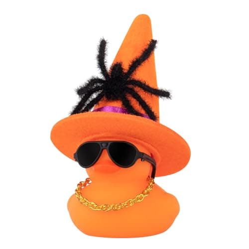 wonuu Halloween Colorful Rubber Duck Decorations Witch Duck Car Ornaments Spider Halloween Accessories Witch Hat Sunglasses and Necklace, Orange