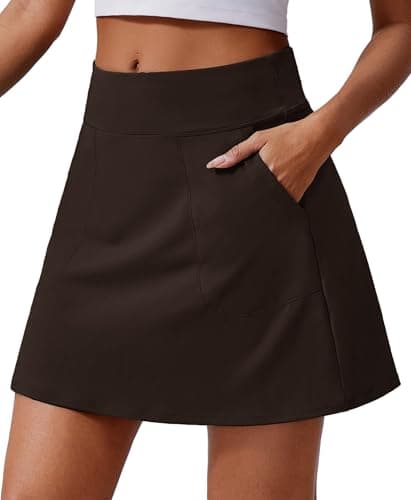 PINSPARK Golf Skirts for Women 17" Tennis Skirt with 4 Pockets Stretchy Pickleball Skort Quick Dry Active Skirts A Line Skorts for Women Dressy Casual, Espresso Brown M