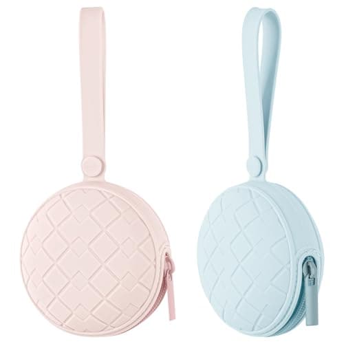 2 Pack Silicone Pacifier Holder Case, Baby Pacifier Holder Pouch for Newborn, Boys and Girls, Portable Silicone Pacifier Bags (Delicacy+Sea Blue)