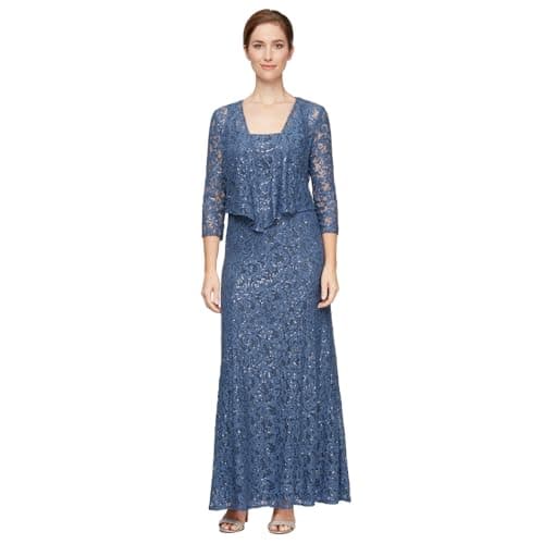 Alex Evenings Women's Long Mother of the Bride Sequin Lace Jacket Dress with Illusion Sleeves (Petite and Regular Sizes), Wedgewood, 14