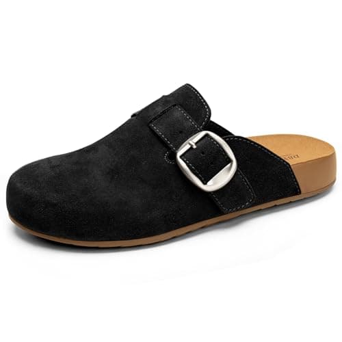 Womens Suede Clogs-Mens 100% Genuine Leather Potato Shoes-Soft Rubber Sole Mules with Arch Support Black
