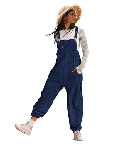 YESNO Women's Casual Corduroy Overalls Sleeveless Adjustable Straps Loose Harem Bib Jumpsuits for Women with Pockets L PCL Navy Blue