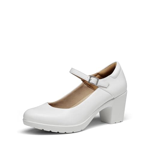 DREAM PAIRS Women's Chunky Low Block Heels Mary Jane Closed Toe Work Pumps Comfortable Round Toe Dress Wedding Shoes EDENIA,Size 5,White,SDPU2231W