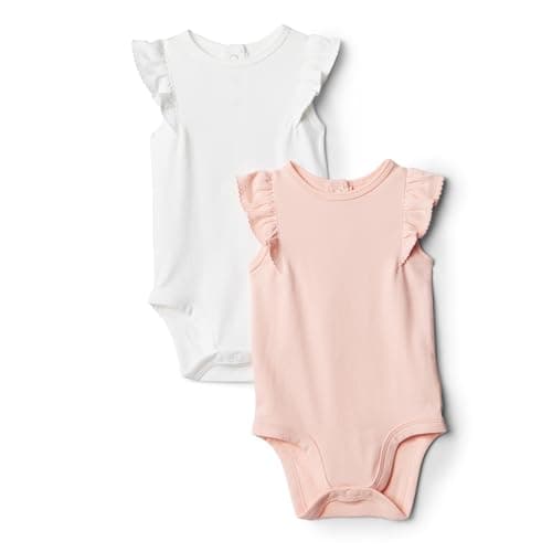 Amazon Essentials Baby Girls' Baby Girls' 2-Pack Sleeveless Ruffle Bodysuit, Light Pink/White, 18 Months
