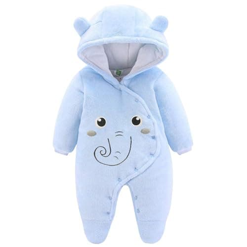 JiAmy Newborn Baby Winter Hooded Romper Fleece Snowsuit Jumpsuit Cartoon Elephant Outfits Blue 3-6 Months
