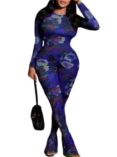 Uni Clau Women’s Sexy 2 Piece Set Floral Print See Through Mesh Long Sleeve Crew Neck Tops and Long Pants Sets Matching Set