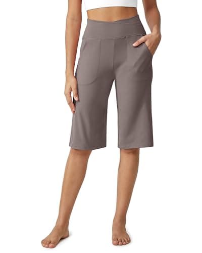 G4Free Bermuda Shorts Women Wide Leg Yoga V Waist Taupe,M