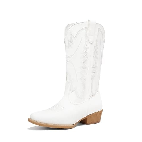 DREAM PAIRS Cowboy Boots for Women Cowgirl Western Mid Calf Boots Snip Toe Embroidered Stitched Low Chunky Heel Pull On Fashion Boots,Size 7,White,SDMB25005W-2