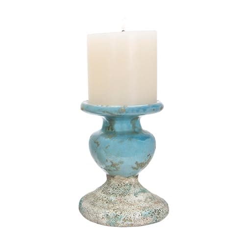 Creative Co-Op Large Distressed Blue Terracotta Pillar Candle Holder