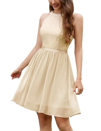 Dressystar Women's Short Sequin Chiffon Halter Homecoming Cocktail Party Dress SQ88 Champagne XS