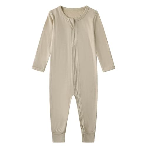 Owlivia Rayon Made from Bamboo Baby Footless Pajamas, Boys and Girls Zip up Sleep and Play, Long-Sleeve Coveralls(3-6 Months,Beige)