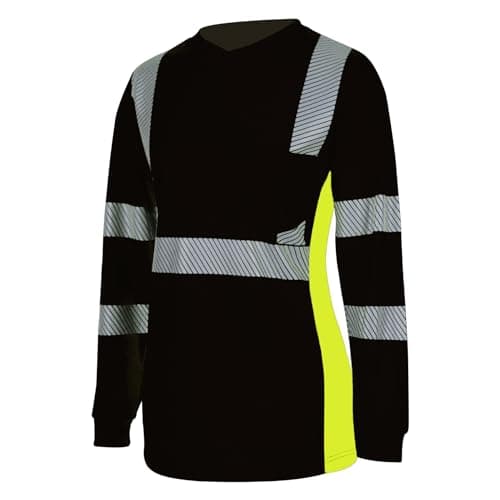 PALAMLY Safety Shirts for Women High Visibility T Shirts Reflective V‑Neck Hi Vis Construction Work Long Sleeve (Black, XL)