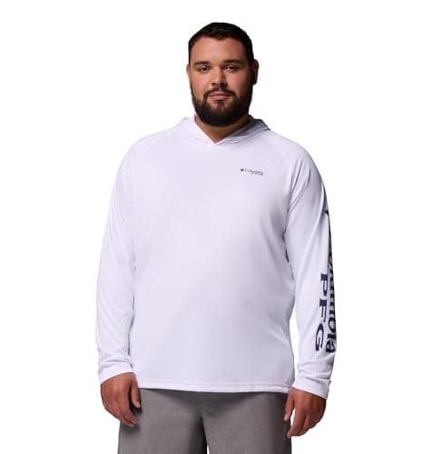 Columbia Mens PFG Terminal Tackle Long Sleeve Fishing Hoodie, White/Nightshade Logo, 2X