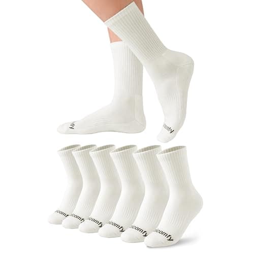 Happicomfy Women's Crew-Socks with Comfy Cushioned Bottom and Arch Compression, Quarter Length Socks for Running, Sports, Works (6 Pairs) (US Women Size 7.5-10, Creamy White)