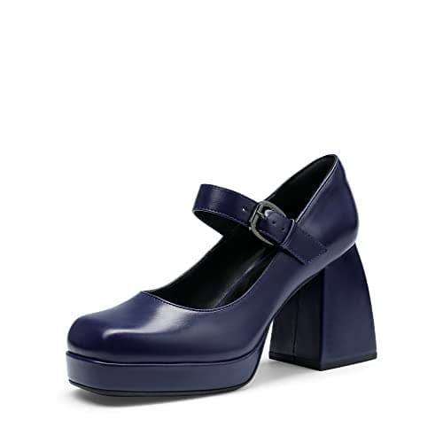 DREAM PAIRS Women's High Chunky Platform Closed Toe Mary Jane Block Heels Square Toe Strappy Dress Wedding Party Pumps Shoes,Size 6,Navy-Pu,SDPU2331W
