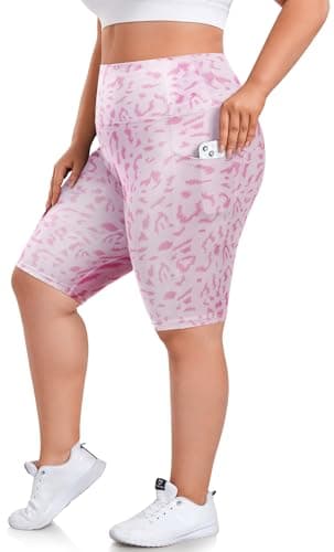 we fleece 8" Plus Size Biker Shorts with Pockets, High Waist Pink Leopard