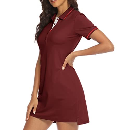YSENTO Women Tennis Dress Short Sleeve UPF 50+ Activewear Athletic Polo Golf Dresses Wine Red Size L