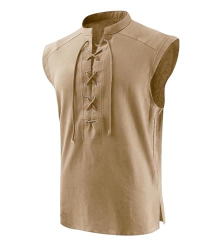 Mens Medieval Costume Sleeveless Pirate Shirts Renaissance Lace Up Tank Tops Gothic Viking Pirate Beach Tunic(Beige,2XL)