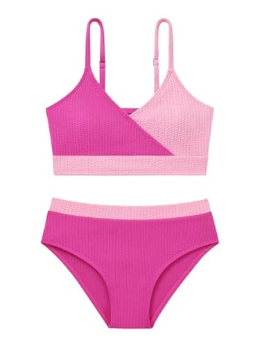 Girl's 2 Piece Ribbed Swimsuit V Neck Bikini Sets Bathing Suit Swimwear