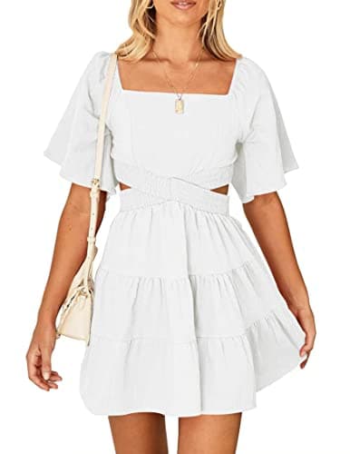 Women's Summer Dresses Square Neck Casual Short Sleeves Party Mini Dress
