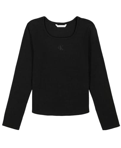 Calvin Klein Girls' Long Sleeve Babydoll T-Shirt, Soft & Comfortable, Black Square Neck, 7