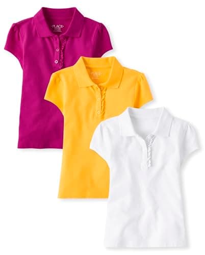 The Children's Place,Girls,Multipack Short Sleeve Ruffle Pique Polos,Yellow/Aurora Pink/White 3-Pack,Large