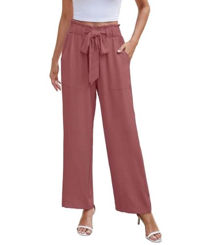 NILOUFO Casual Pants for Women Summer Lightweight Wide Leg Pants High Waisted Elastic Waist Tie Knot Trousers with Pockets(Purplish Red, X-Large)