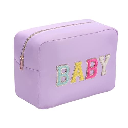 YogoRun Large Toiletry Bag Glitter Chenille Make Up Bag for Traveling Makeup Travel Organizer for Women Nylon Cosmetic Pouch with Zipper Pocket (XL,Purple-Baby)