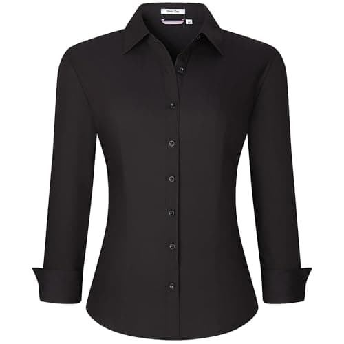 Esabel.C Womens Button Down Shirts Long Sleeve Regular Fit Stretch Work Blouse,Solid Black,XL