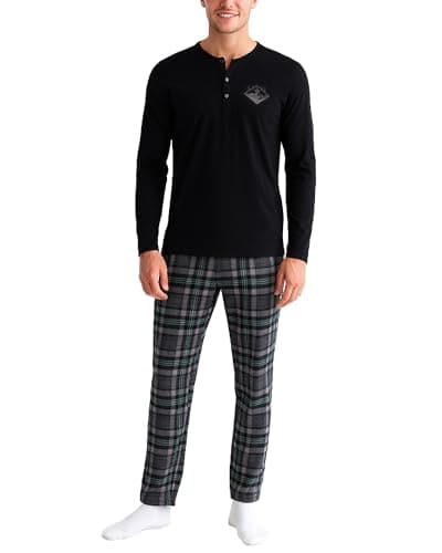Lucky Brand Mens Pajamas Set - 2 Piece 30'' Inseam Soft Long Sleeve T Shirt Men & Fleece Pajama Pants Sleepwear Lounge PJ Set, Size Small, Jet Black/Medium Grey Plaid