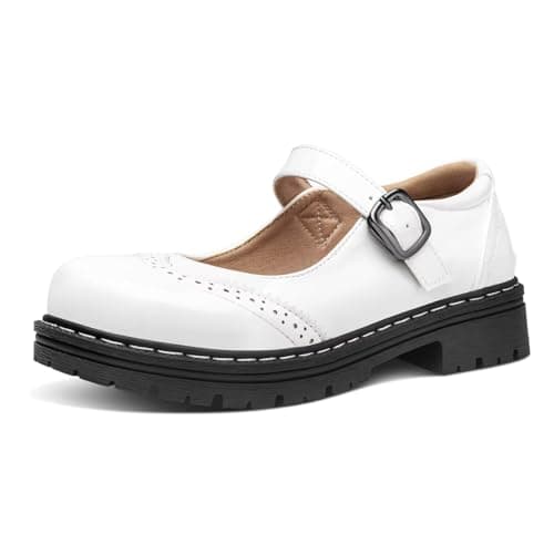 Mary Jane for Women Gothic Oxford Shoes - Flat Shoes, Ankle Tied, Round Toe for Casual Dresses, Work, and Campus White Patent