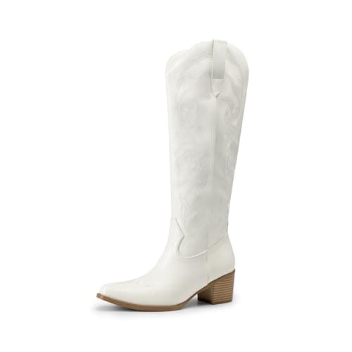 DREAM PAIRS Womens Cowboy Boots Western Comfortable Chunky Heel Square Toe Embroidered Cowgirl Knee High Boots,Size 7,White,SDKB26002W