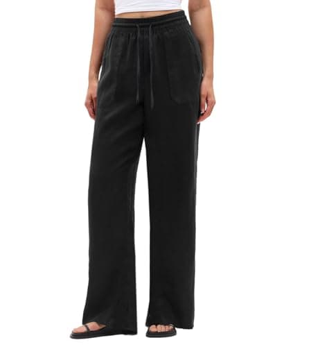SEMARO Wide Leg Palazzo Pants for Women Casual Drawstring Flowy Beach Linen Trousers with Pockets Vacation Black