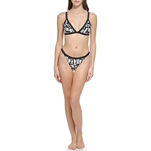 Calvin Klein Women's Low Waisted Elastic Logo Triangle Bikini Set, Black/Soft White, Large