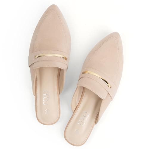MUSSHOE Womens Mules for Women - Suede Slip On Backless Loafers with Cushioned Insole, Pointed Toe Flats for Office Work Business Casual,Nude Suede 8