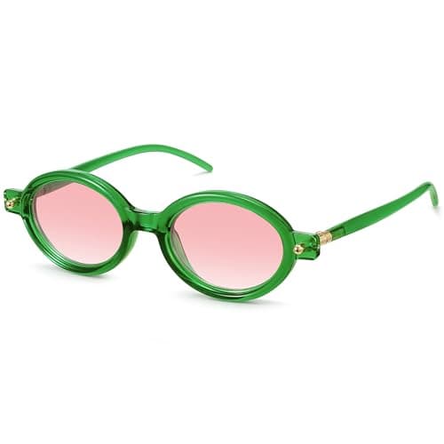 Fozono Retro Oval Sunglasses for Women,Trendy Small Narrow Vintage Round Shades UV400 Clear Green Frame/Orange Red Lens