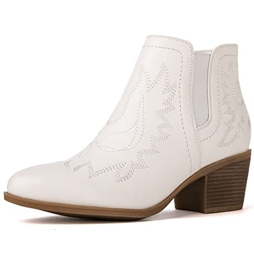 GLOBALWIN Women's White Cowboy Boots Western Style Comfortable Pull On Short Ankle Cowgirl Boots For Women Low Heel Size 6M