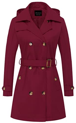 CREATMO US Women Waterproof Classic Hooded Trench Coat Hood Belt Double Breasted Wine Red XS