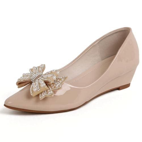 QXCGDYXT Women's Wedge Heels, Pointed Toe Rhinestone Bow Wedding Shoes, Comfortable Low Wedge Dress Shoes for Wedding, Party, Work, Office Apricot - 9.5