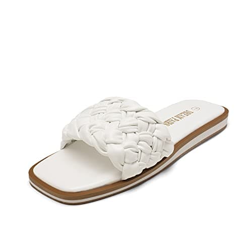DREAM PAIRS Women's Square Open Toe Slide Sandals Cute Slip on Braided Slides Flat Sandals for Summer,Size 5.5,White/Weave,SDSS2212W