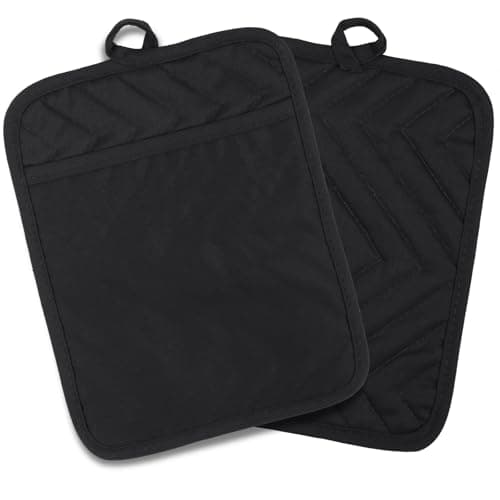 GeeRic Pocket Cotton Pot Holders, 2 Pack Heat-Resistant Quilted Hot Pads with Hand Pockets, Soft and Durable Kitchen Potholders for Cooking, Baking, and Grilling Black