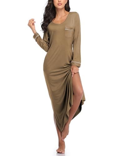 COLORFULLEAF Nightgowns for Women Long Sleeve Maxi Dress Soft Nightshirts V Neck Sleepwear Full Length Sleep Dress(Khaki,XL)
