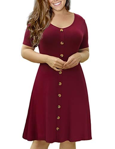 VOIANLIMO Women’s Summer Causal Short Sleeve Button Down Plus Size Dress, Wine Red, XX-Large US 18-20W