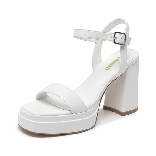 Amoji Women's White Platform Heels Chunky Heeled Sandals Dress Block Heels Thick Heels Prom Wedding Shoes 311 White 9.5 women