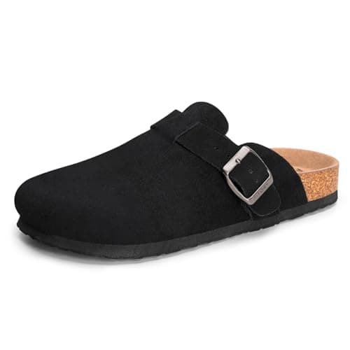 FITORY Mens Suede Clogs with Arch Support，Leather Cork Footed Mules Black Size 11