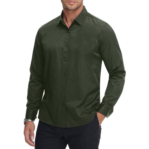 VANCOOG Stretch Mens Dress Shirts Long Sleeve Slim Fit Button-Down Dress Shirts-Army Green-XS