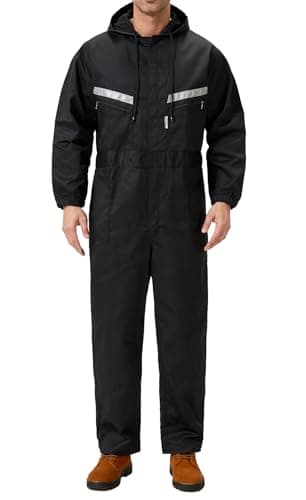 Yukirtiq Mens Work Coveralls Mechanic Hooded Overall Workwear Jumpsuits Long Sleeve Hi Viz Coverall with Zippers, Black, S