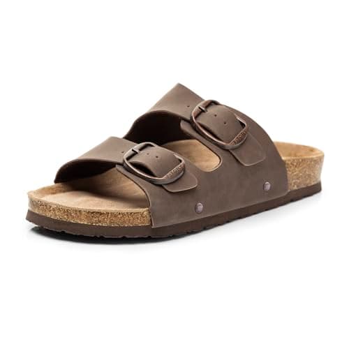 FITORY Womens Flat Sandals with Cork Footbed, Open Toe Arch Support Slides Adjustable Slip On Slippers for Summer 2026 Brown Size 8