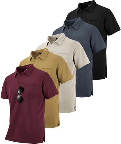 SCODI 5 Pack Mens Polo Shirts Short Sleeve Multipack Tactical Shirt for Men Moisture Wicking Athletic Work Tshirt with Pocket Black Grey lightkhaki Khaki WineRed XL